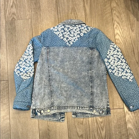 Women’s Denim Jacket with Blue Floral Sleeves - Picture 4 of 4